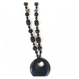 Vintage black beaded chain stone necklace hippie
